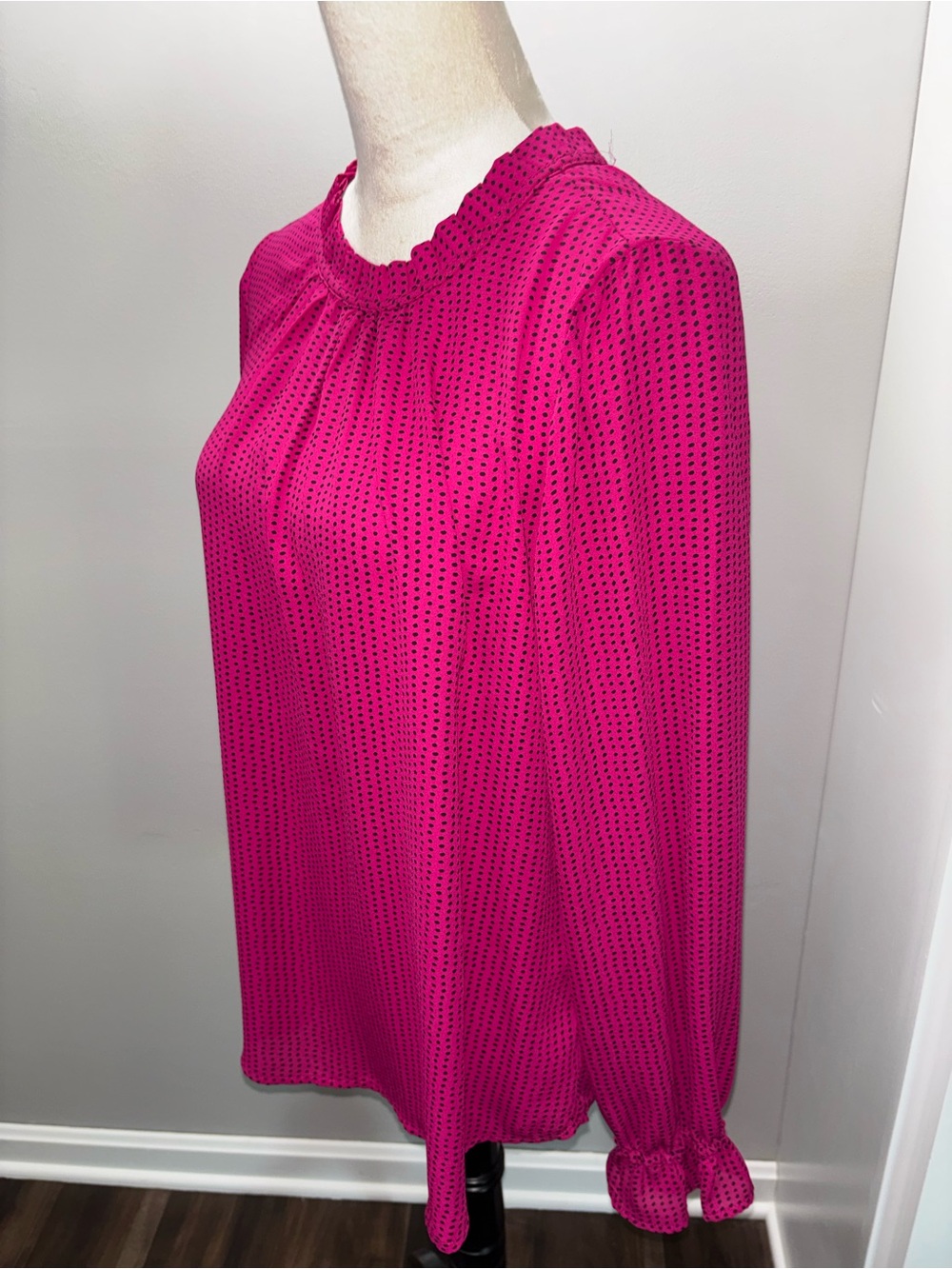 Adrianna Papell Fuchsia Dotted Ruffle-Neck Blouse - Picture 2 of 5